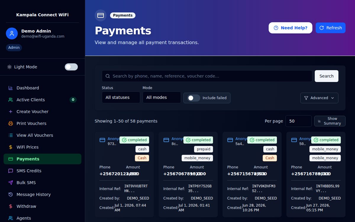 Payments page in dark mode