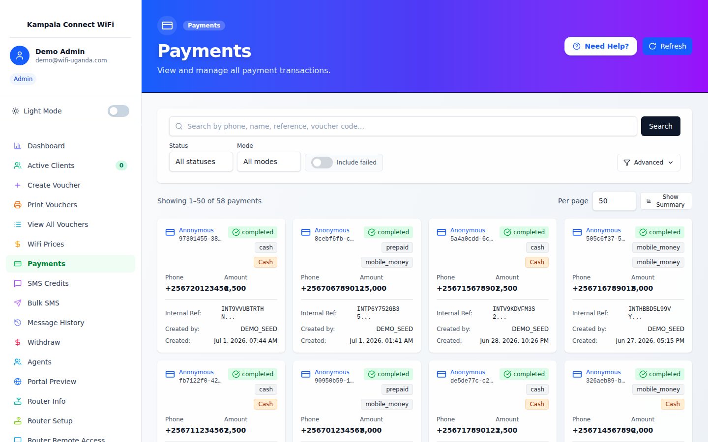 Payments list showing mobile money and cash transactions