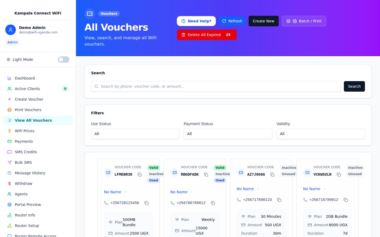 All vouchers with status, plan, and usage information
